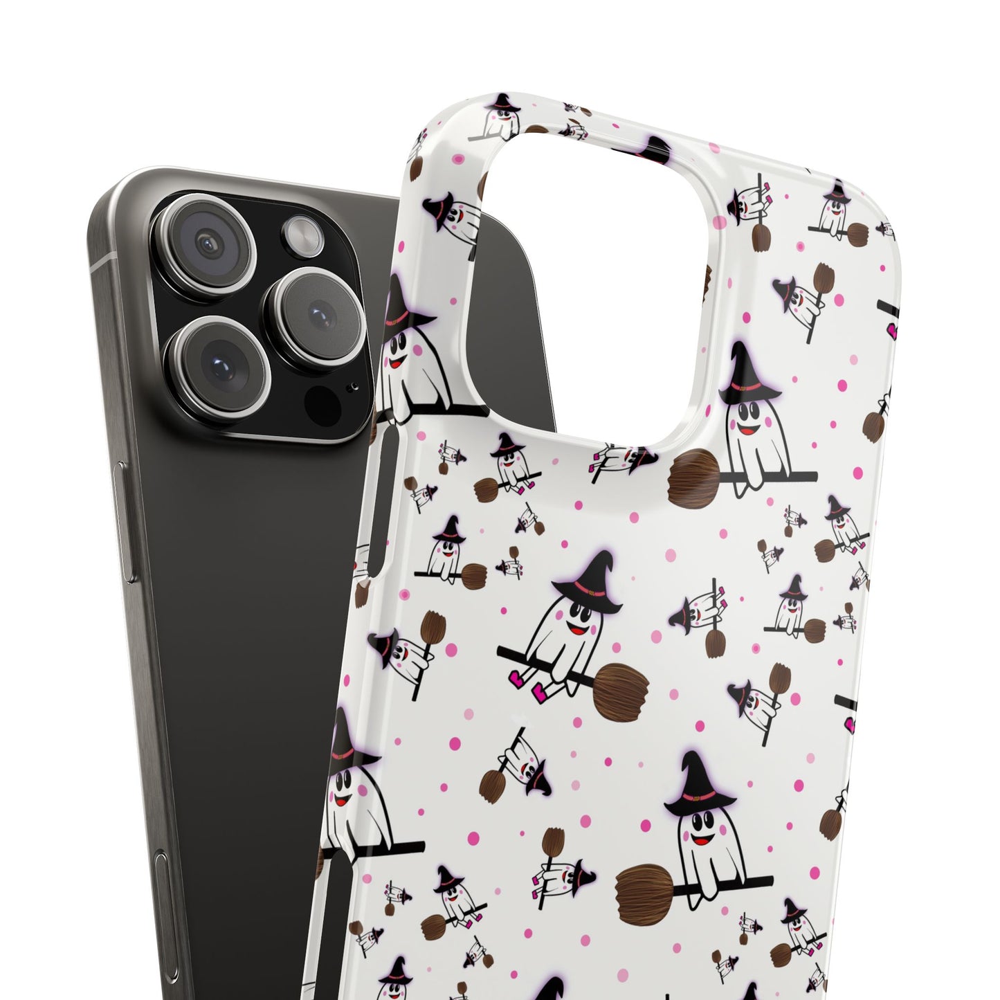Slim Phone Cases - Spooky Cute Ghost on Broom Halloween Design, Ghostly Phone Cover, Halloween Phone Accessories, Ghost Lover Gift,