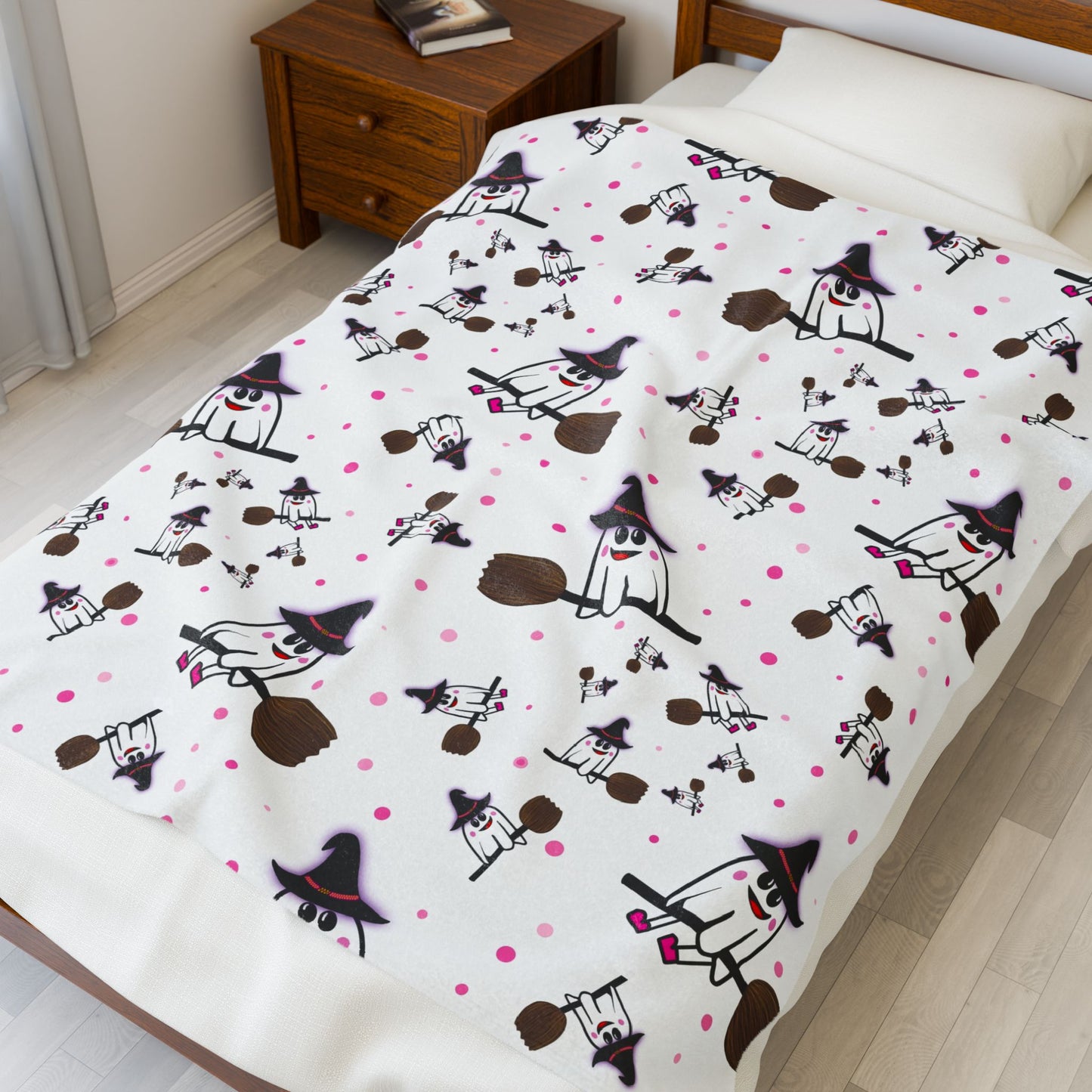Whimsical Ghost Witch Plush Blanket - Couch Throw, Cozy Blanket, Halloween Decor, Plush Throw, Cute Gift for Kids
