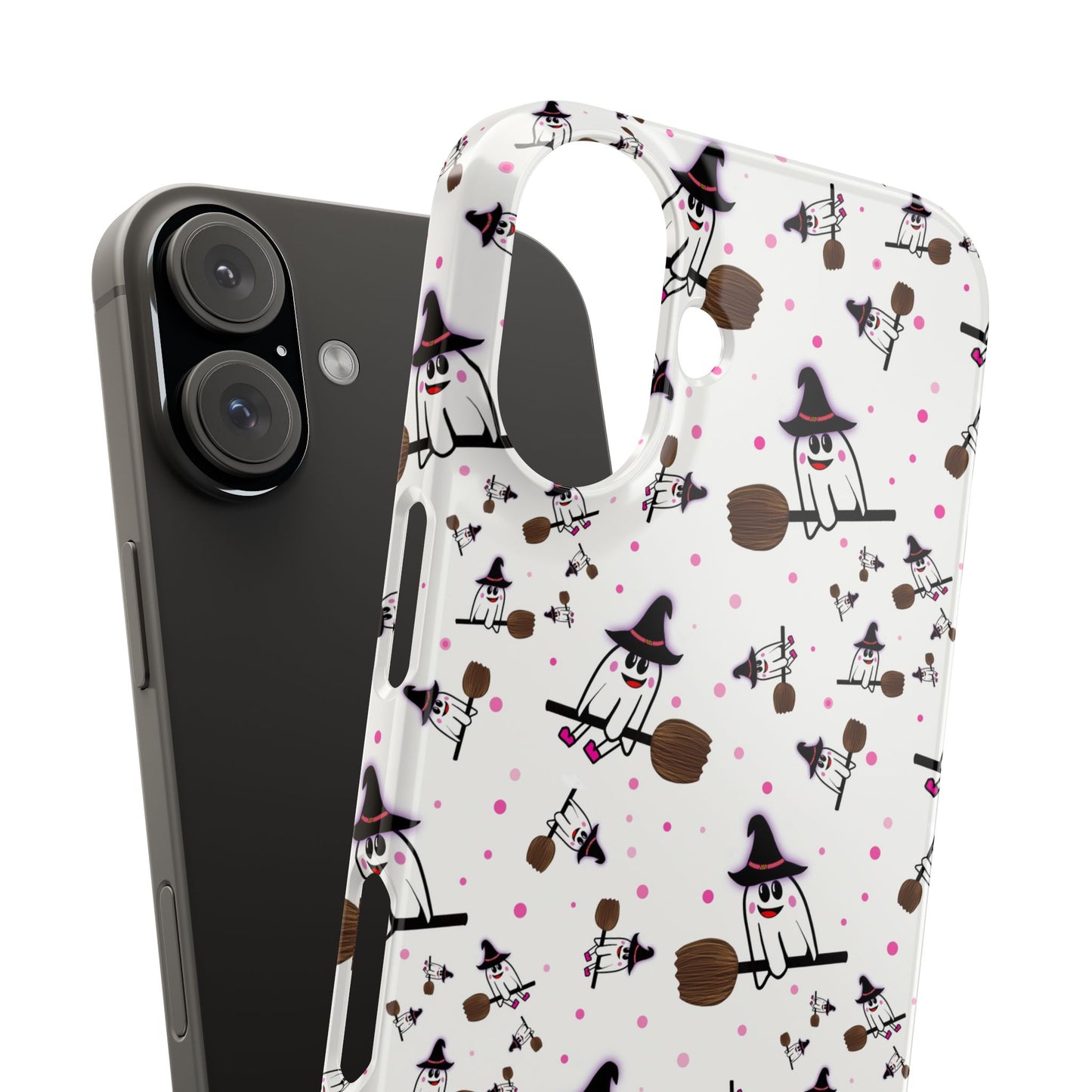 Slim Phone Cases - Spooky Cute Ghost on Broom Halloween Design, Ghostly Phone Cover, Halloween Phone Accessories, Ghost Lover Gift,