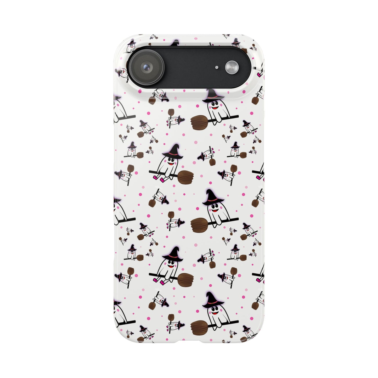 Slim Phone Cases - Spooky Cute Ghost on Broom Halloween Design, Ghostly Phone Cover, Halloween Phone Accessories, Ghost Lover Gift,