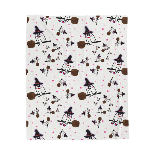 Whimsical Ghost Witch Plush Blanket - Couch Throw, Cozy Blanket, Halloween Decor, Plush Throw, Cute Gift for Kids