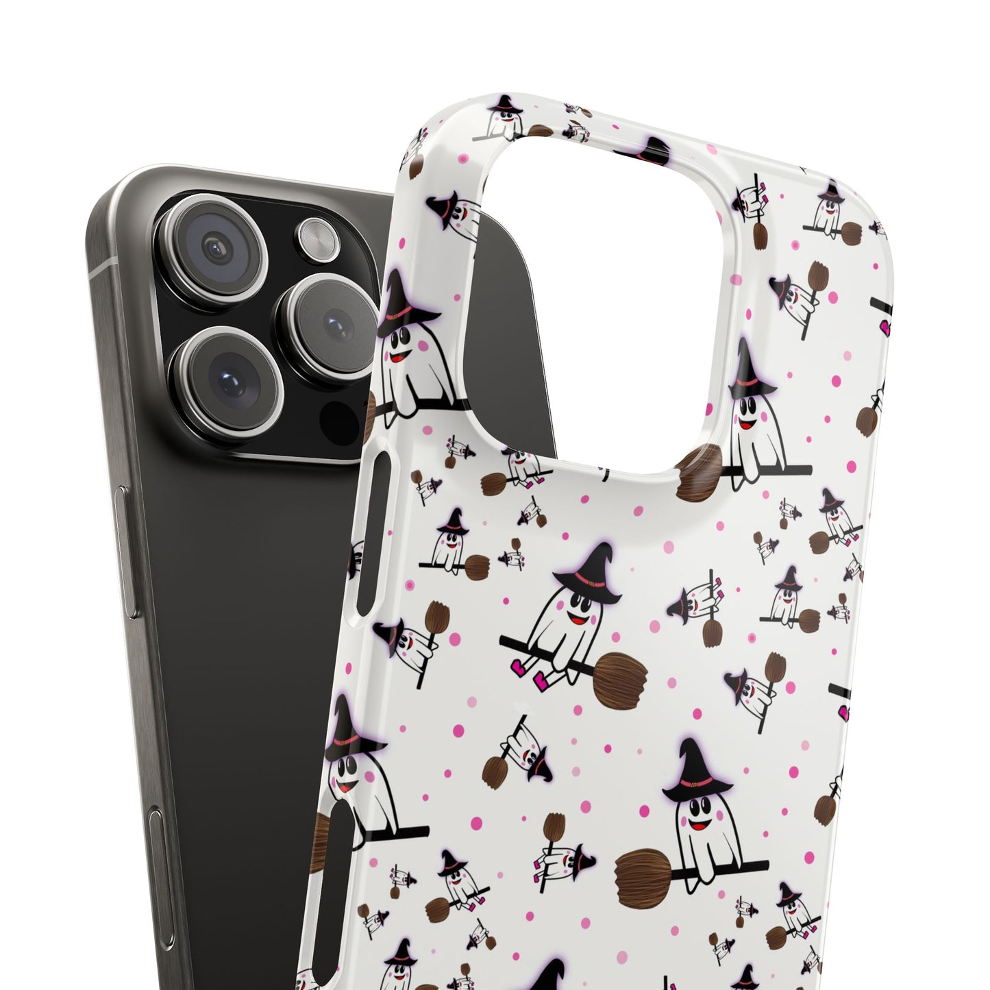 Slim Phone Cases - Spooky Cute Ghost on Broom Halloween Design, Ghostly Phone Cover, Halloween Phone Accessories, Ghost Lover Gift,