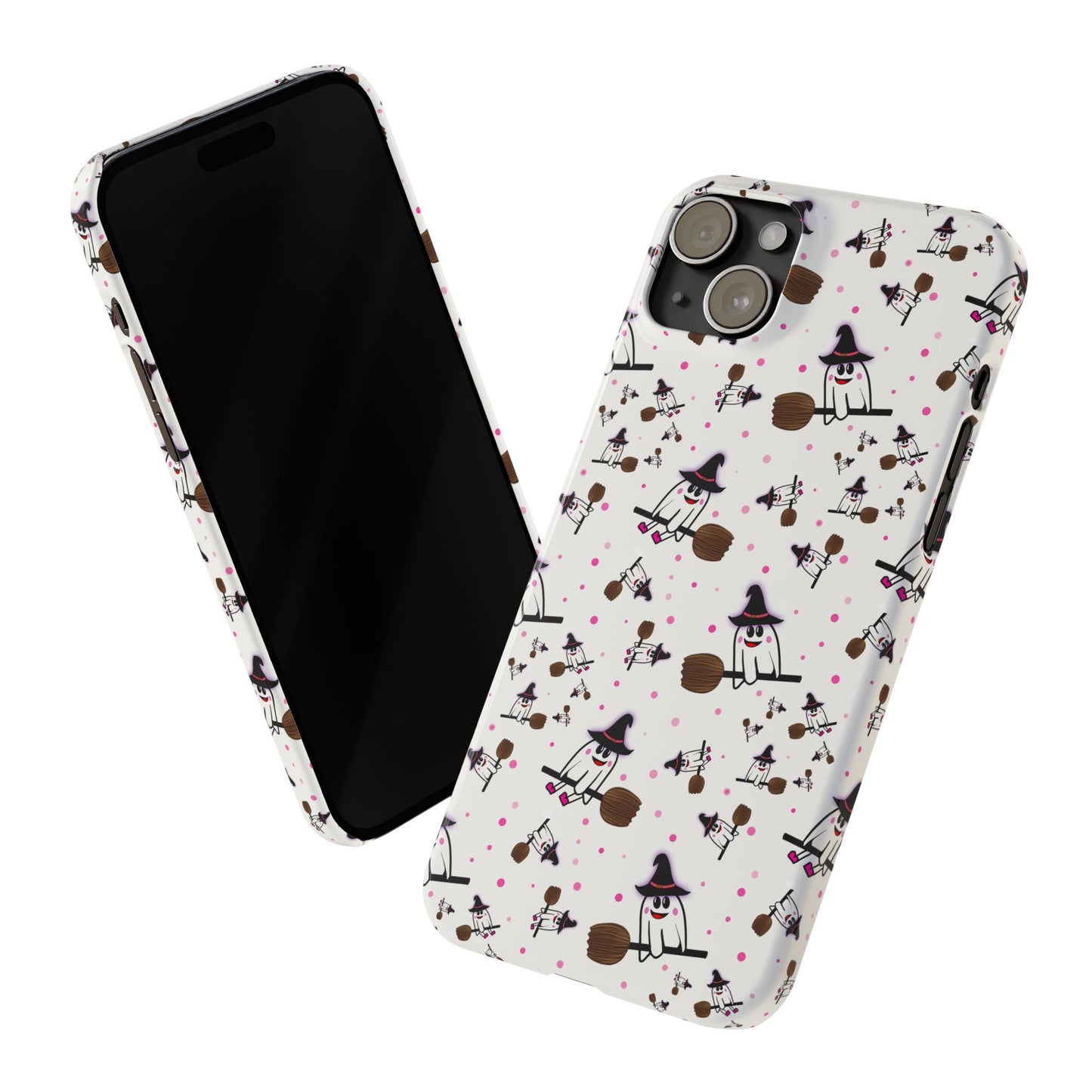 Slim Phone Cases - Spooky Cute Ghost on Broom Halloween Design, Ghostly Phone Cover, Halloween Phone Accessories, Ghost Lover Gift,