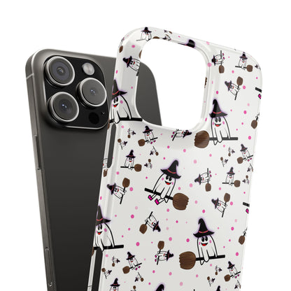 Slim Phone Cases - Spooky Cute Ghost on Broom Halloween Design, Ghostly Phone Cover, Halloween Phone Accessories, Ghost Lover Gift,