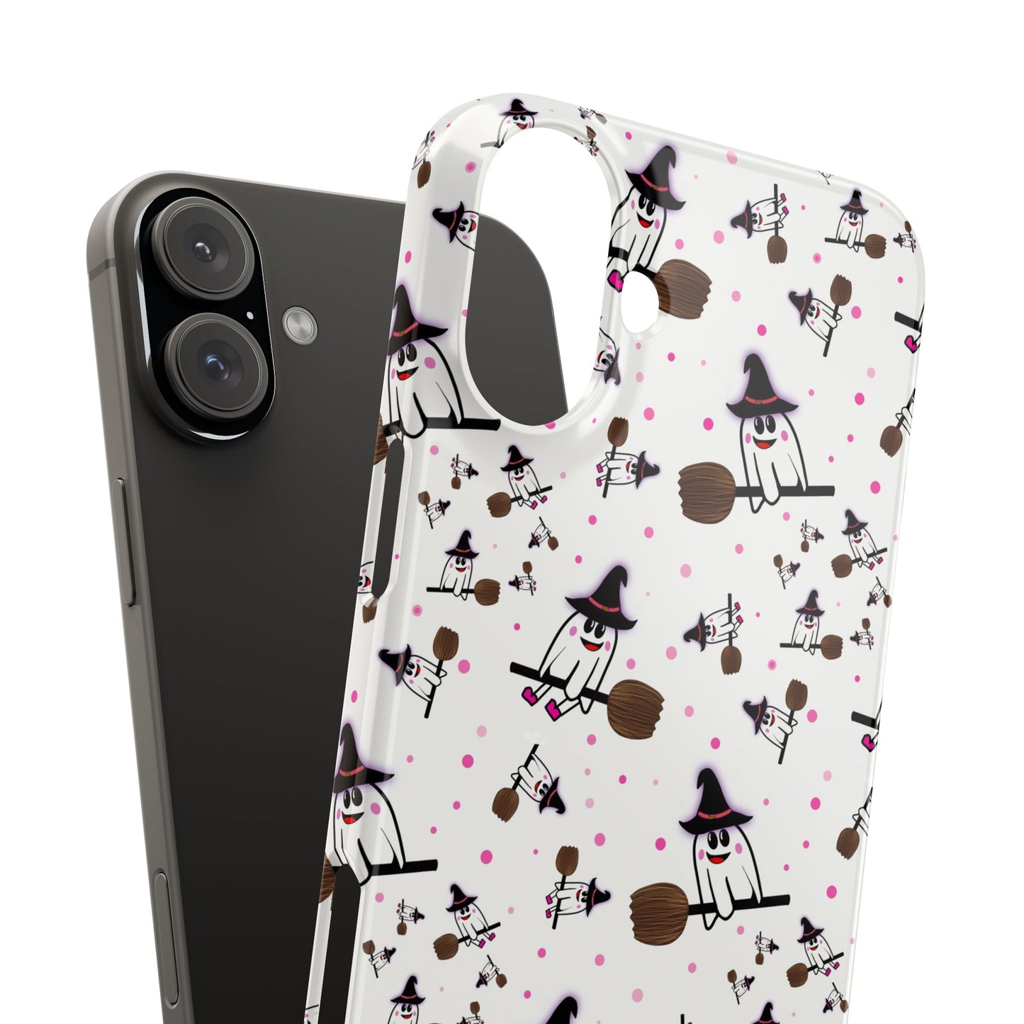 Slim Phone Cases - Spooky Cute Ghost on Broom Halloween Design, Ghostly Phone Cover, Halloween Phone Accessories, Ghost Lover Gift,
