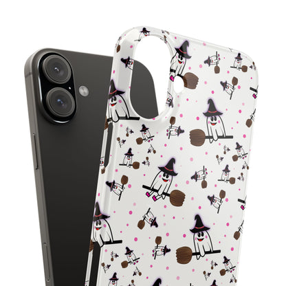 Slim Phone Cases - Spooky Cute Ghost on Broom Halloween Design, Ghostly Phone Cover, Halloween Phone Accessories, Ghost Lover Gift,