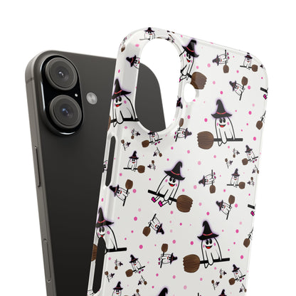 Slim Phone Cases - Spooky Cute Ghost on Broom Halloween Design, Ghostly Phone Cover, Halloween Phone Accessories, Ghost Lover Gift,
