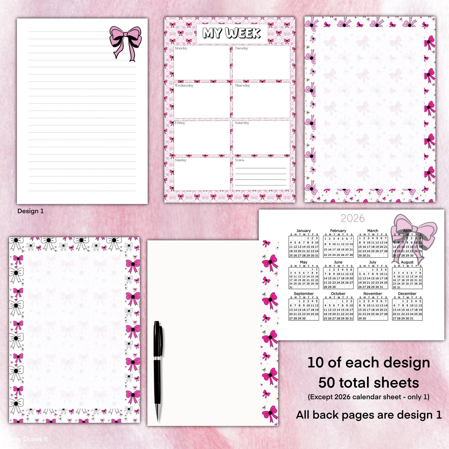 Pink Bow Planner Inserts – 50-Pack Blank / To-Do Pages  / Undated Planner Pages | Cute Stationery