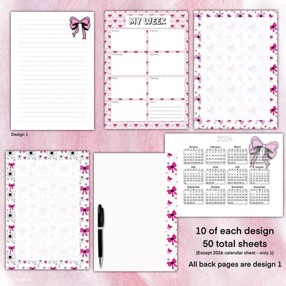 Pink Bow Planner Inserts – 50-Pack Blank / To-Do Pages  / Undated Planner Pages | Cute Stationery
