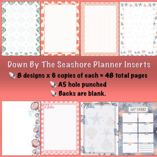 Down By The Seashore A5 Planner Inserts | 48-Piece Coastal 6-Hole Punched Planner Refill