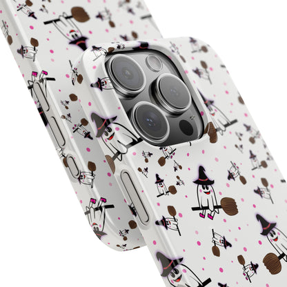 Slim Phone Cases - Spooky Cute Ghost on Broom Halloween Design, Ghostly Phone Cover, Halloween Phone Accessories, Ghost Lover Gift,