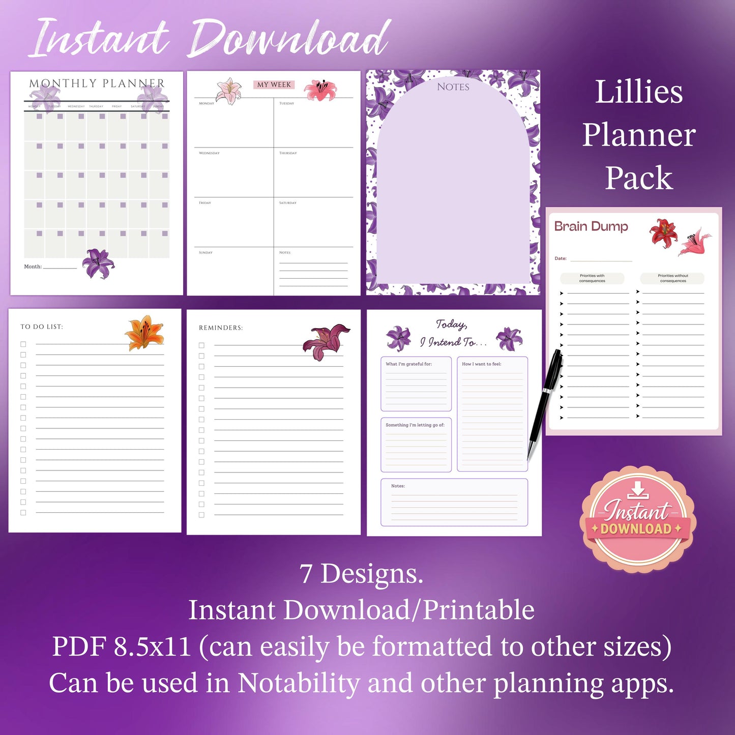 Lillies Planner Pack Printable | Floral Planner Pages | Daily Weekly Monthly Planner | Brain Dump & To Do | Instant Download PDF