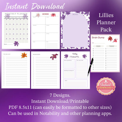 Lillies Planner Pack Printable | Floral Planner Pages | Daily Weekly Monthly Planner | Brain Dump & To Do | Instant Download PDF