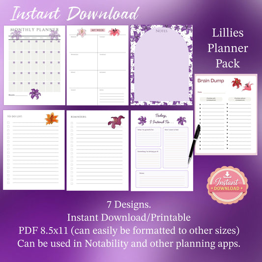 Lillies Planner Pack Printable | Floral Planner Pages | Daily Weekly Monthly Planner | Brain Dump & To Do | Instant Download PDF