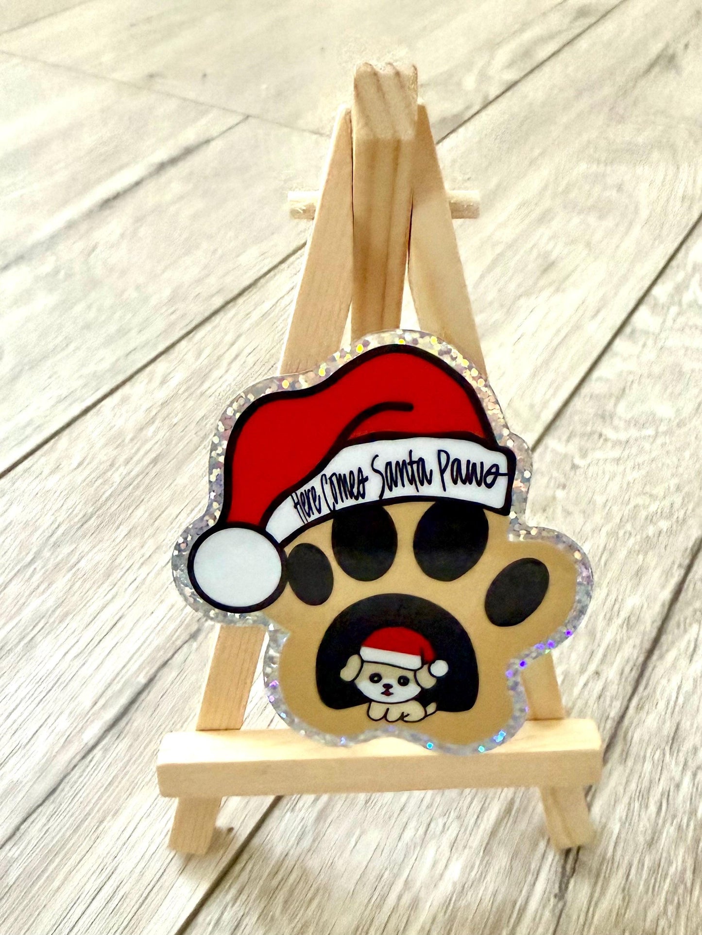 Here Comes Santa Paws - glitter sticker - 2.75” x 3”