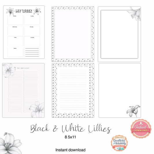 Black & White Lillies Printable Planner | Instant Download
