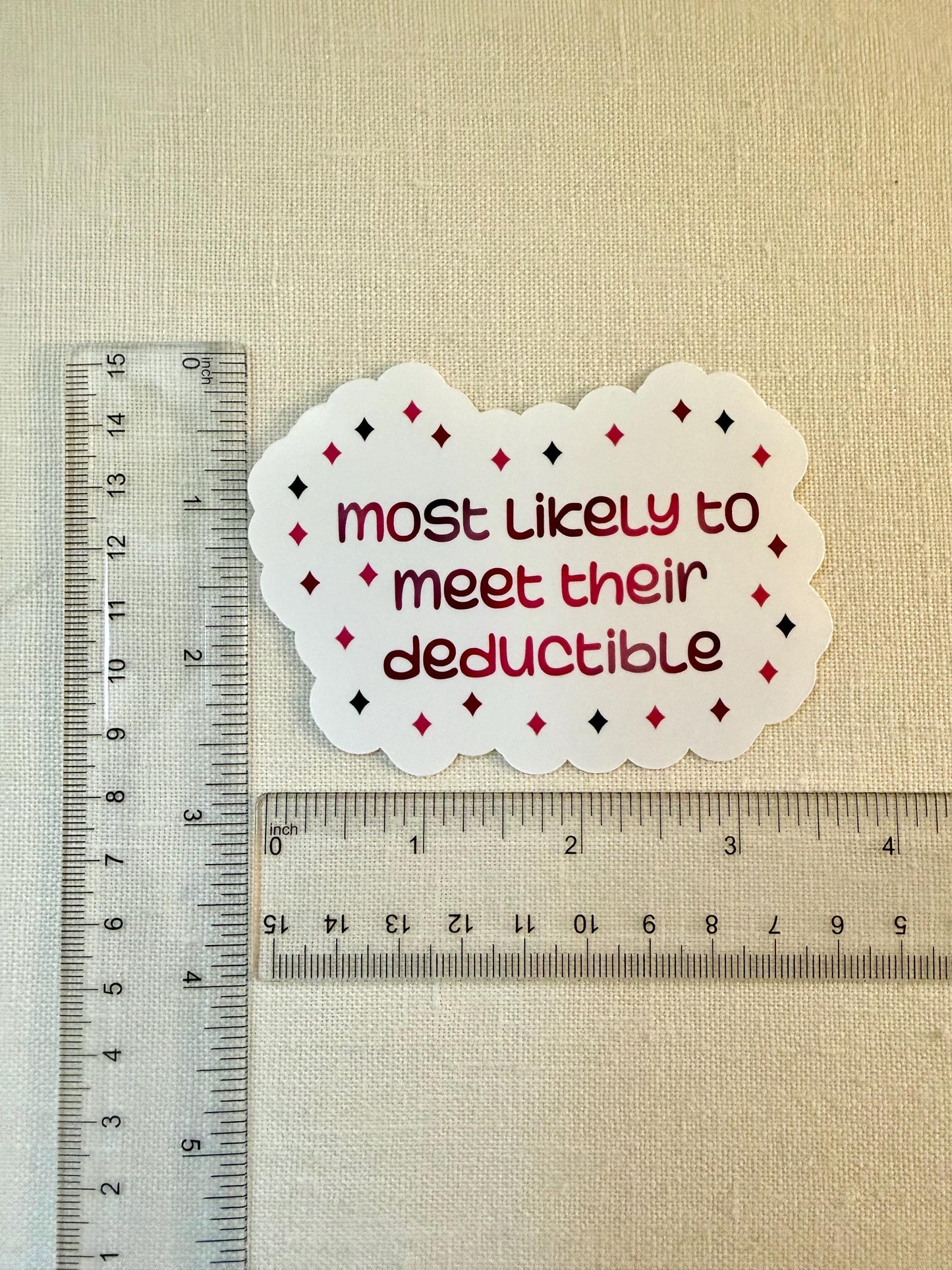Most likely to meet their deductible - sticker - 3.75” x 2.69” - humor, sarcastic, funny