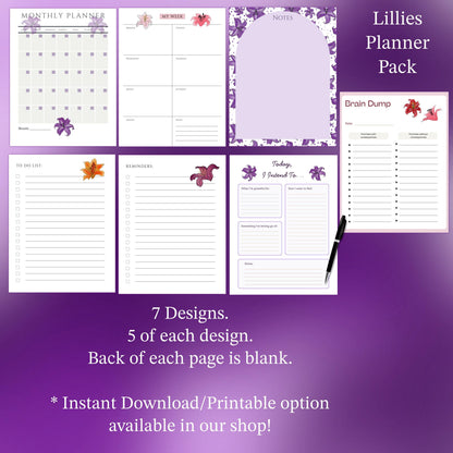Lillies Planner Inserts – 35 Pack Blank / To-Do Pages / Undated Planner Pages / Cute Floral Stationery