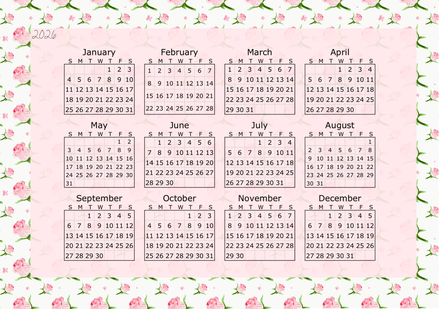 Pink Rose - 6 Hole Punched- A5 Planner Inserts - Pack of 40