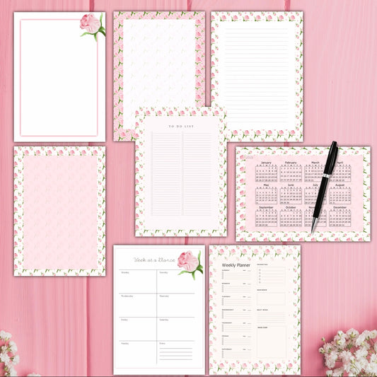Pink Rose - 6 Hole Punched- A5 Planner Inserts - Pack of 40