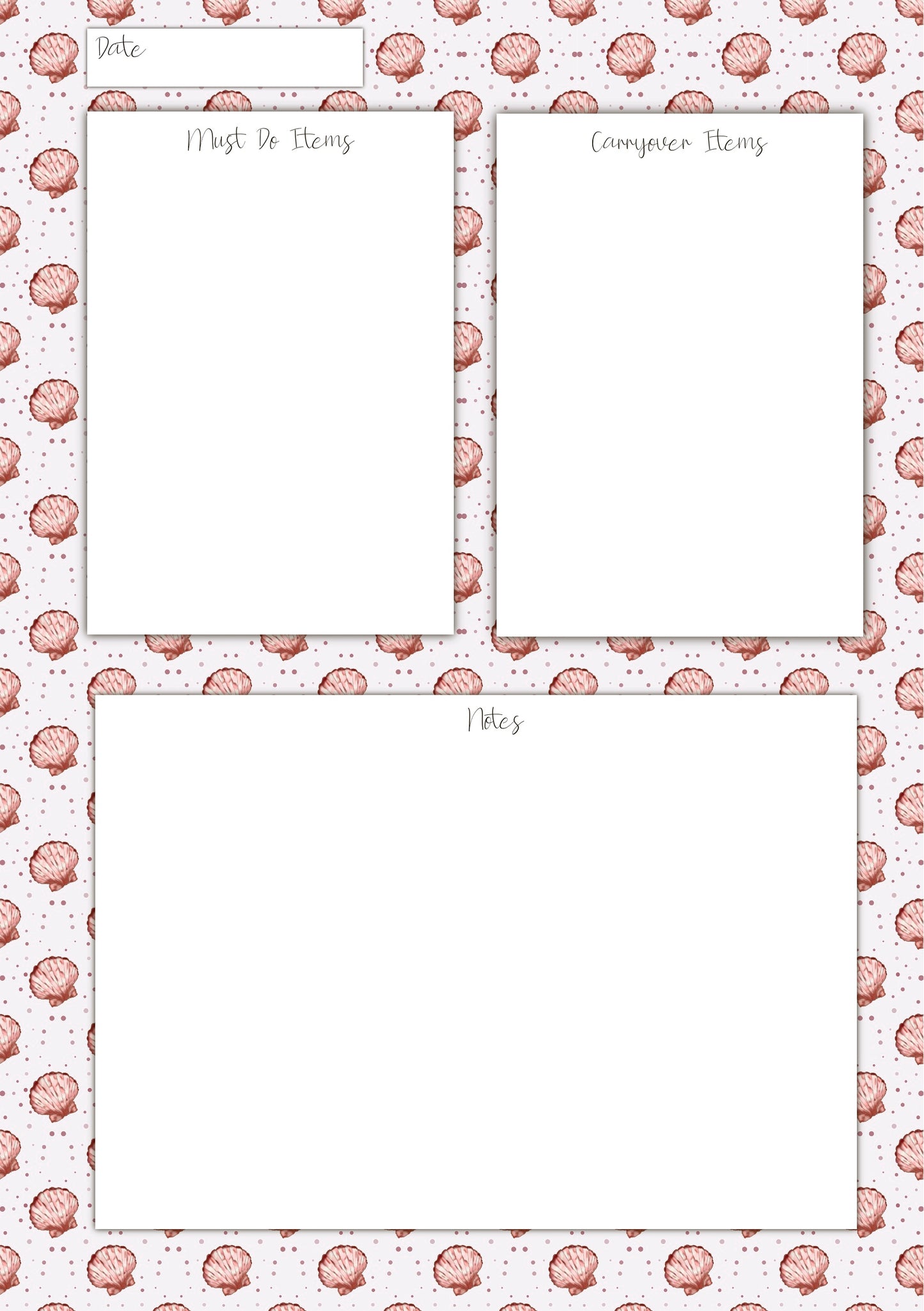 Seashells A5 Planner Inserts - 6 Hole Punched - Pack of 25