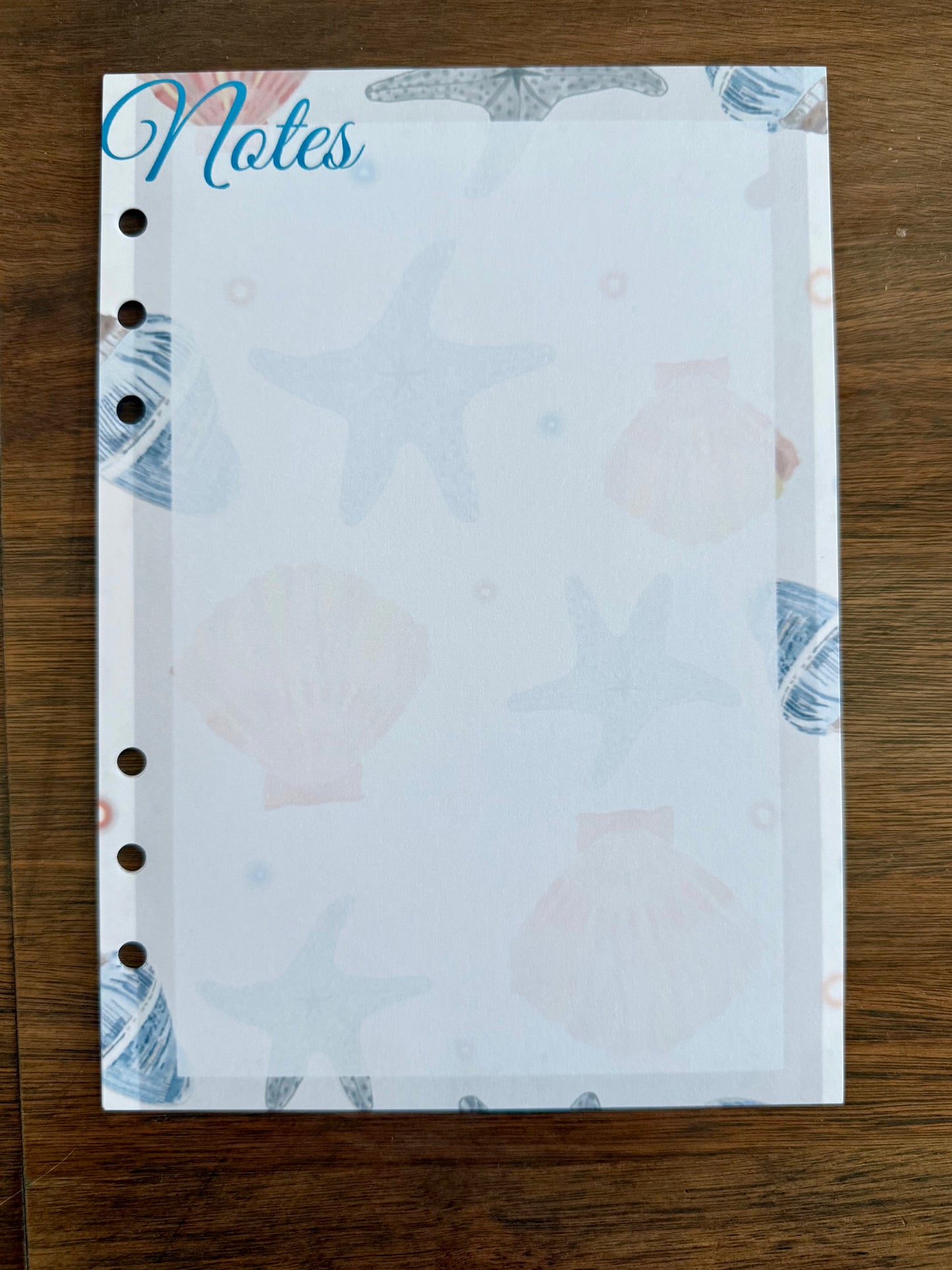 Seashells A5 Planner Inserts - 6 Hole Punched - Pack of 25
