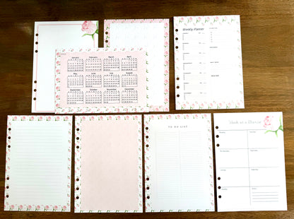 Pink Rose - 6 Hole Punched- A5 Planner Inserts - Pack of 40