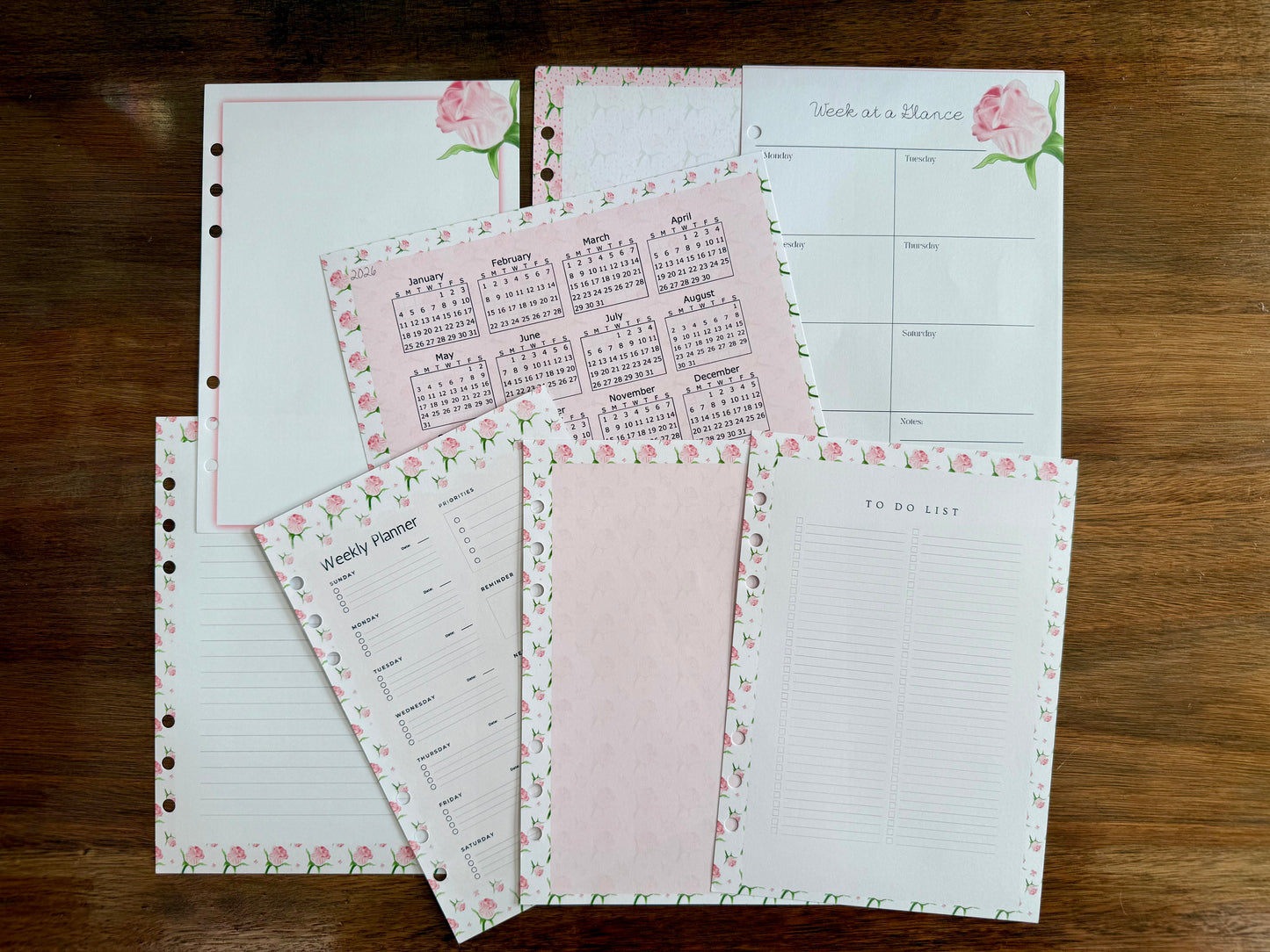 Pink Rose - 6 Hole Punched- A5 Planner Inserts - Pack of 40