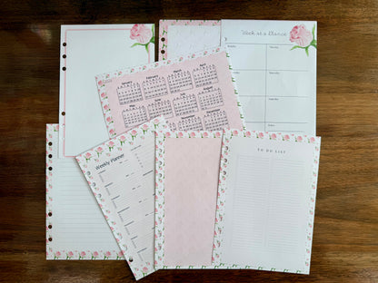 Pink Rose - 6 Hole Punched- A5 Planner Inserts - Pack of 40
