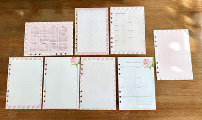Pink Rose - 6 Hole Punched- A5 Planner Inserts - Pack of 40