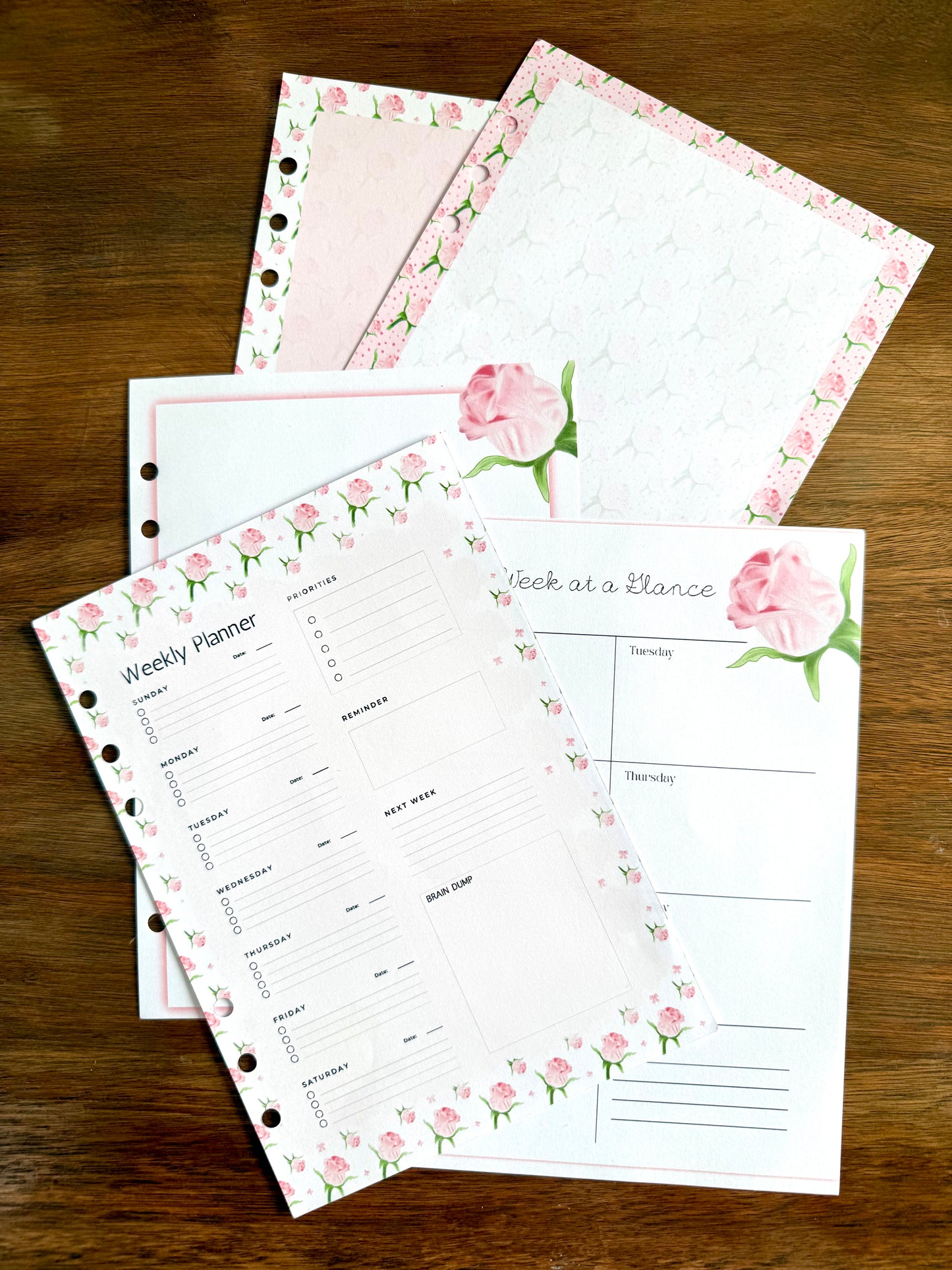 Pink Rose - 6 Hole Punched- A5 Planner Inserts - Pack of 40