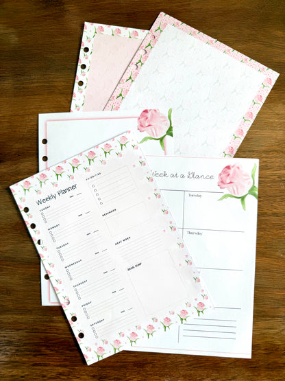 Pink Rose - 6 Hole Punched- A5 Planner Inserts - Pack of 40