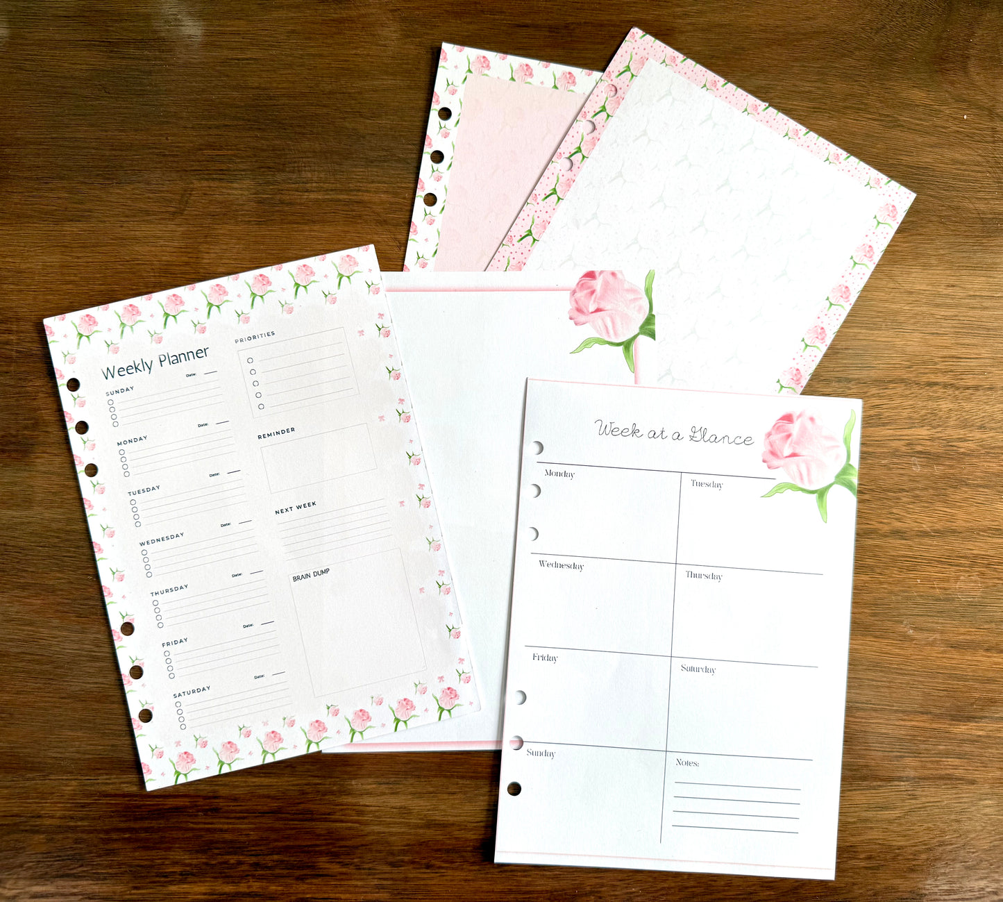 Pink Rose - 6 Hole Punched- A5 Planner Inserts - Pack of 40