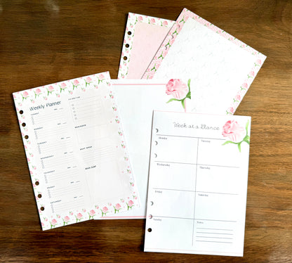 Pink Rose - 6 Hole Punched- A5 Planner Inserts - Pack of 40