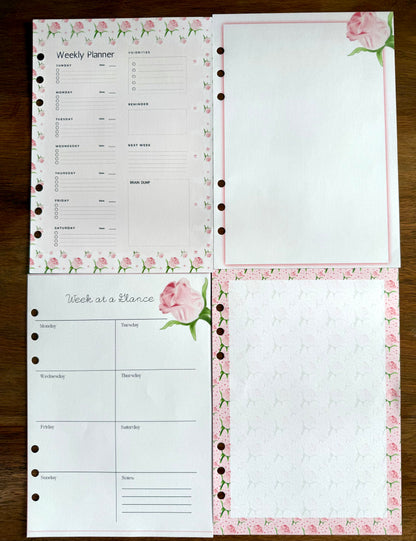 Pink Rose - 6 Hole Punched- A5 Planner Inserts - Pack of 40