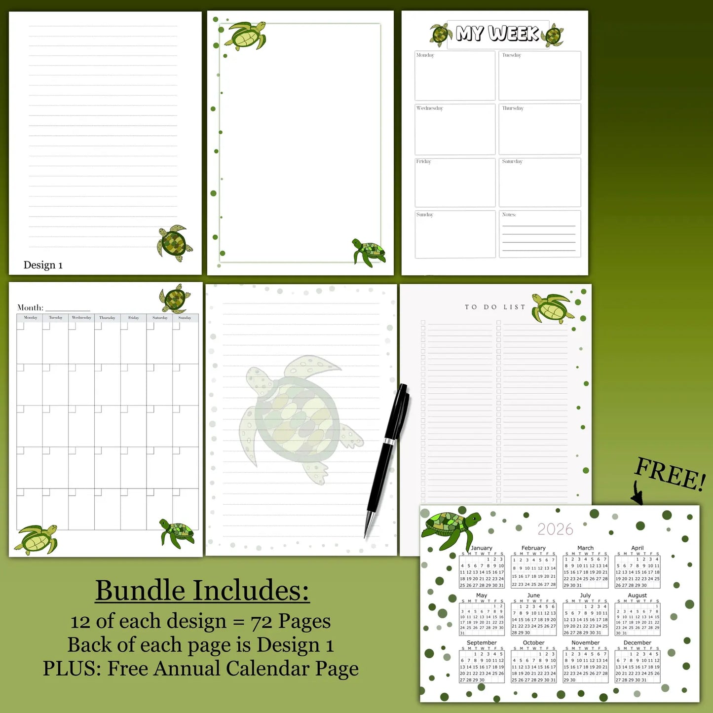 Turtle Planner Inserts – 72-Pack Blank / To-Do Pages  / Undated Planner Pages | Cute Stationery