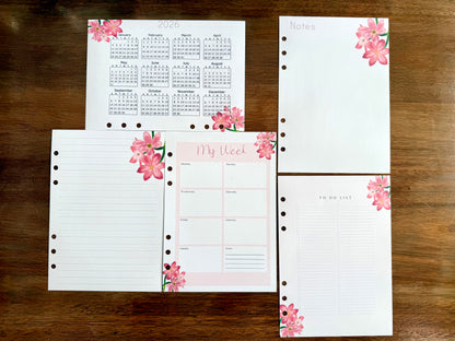 Crimson Flag Flower- 6 Hole Punched- A5 Planner Inserts - Pack of 40