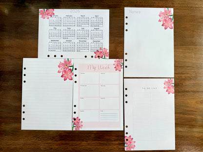 Crimson Flag Flower- 6 Hole Punched- A5 Planner Inserts - Pack of 40