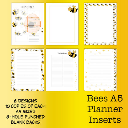 Bees Planner Inserts A5 – 60 Page Printed Bundle (6 Hole Punched)