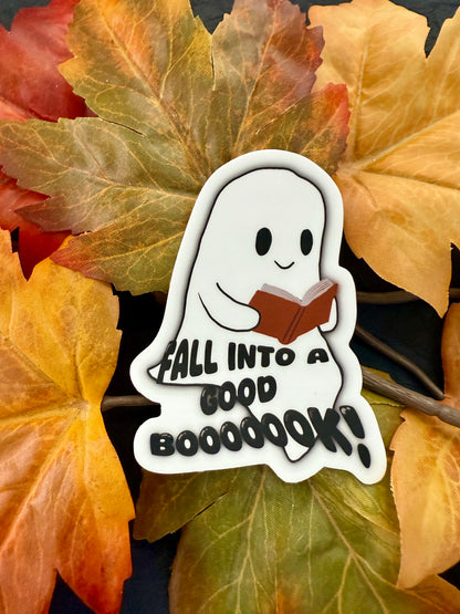 Fall Into a Good Book - Spooky Ghost Sticker - 3" x 2.21”