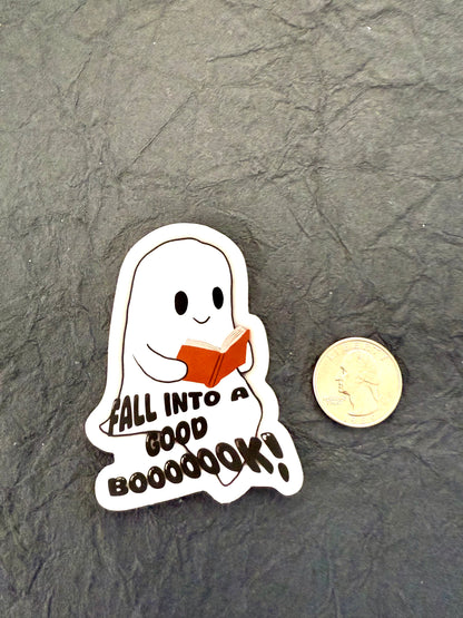 Fall Into a Good Book - Spooky Ghost Sticker - 3" x 2.21”