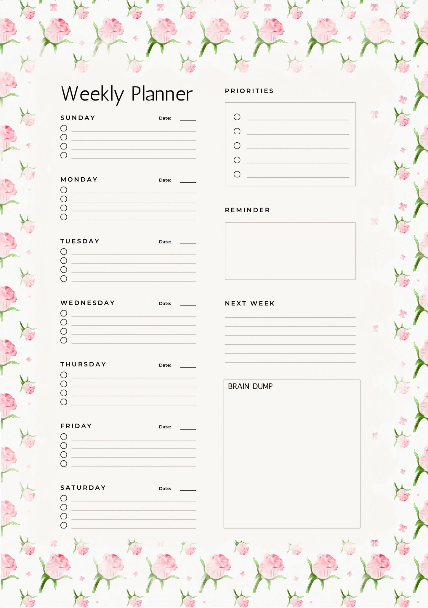 Pink Rose - 6 Hole Punched- A5 Planner Inserts - Pack of 40