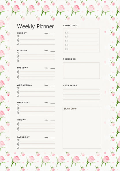 Pink Rose - 6 Hole Punched- A5 Planner Inserts - Pack of 40