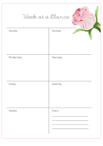 Pink Rose - 6 Hole Punched- A5 Planner Inserts - Pack of 40