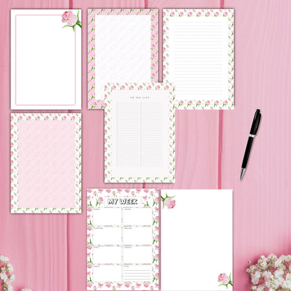 Pink Rose Planner Inserts – 42 Pack Blank / To-Do Pages / Undated Planner Pages / Cute Floral Stationery
