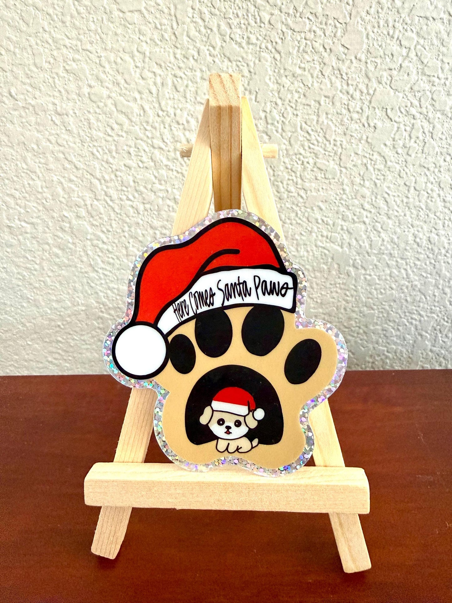 Here Comes Santa Paws - glitter sticker - 2.75” x 3”
