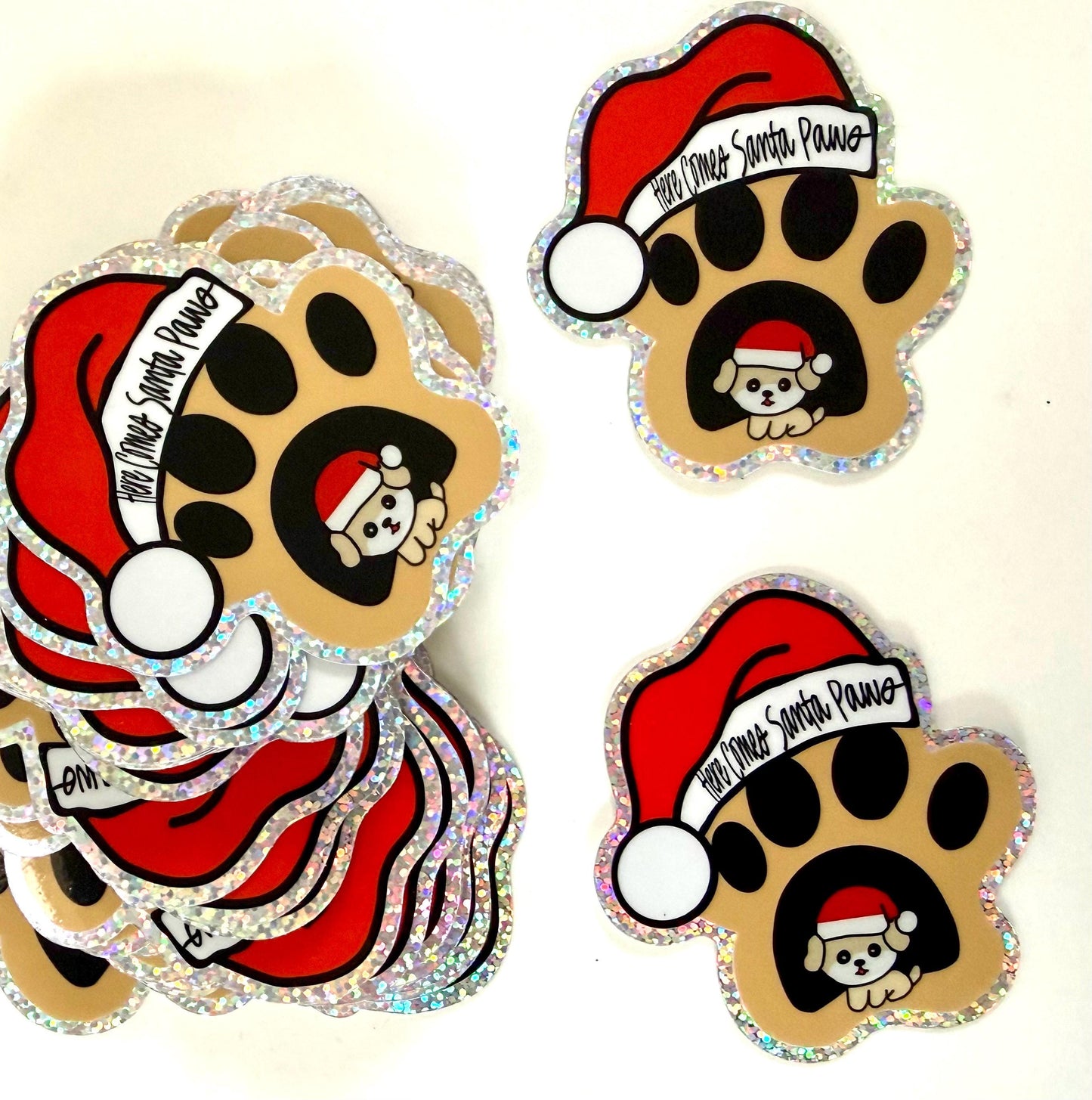 Here Comes Santa Paws - glitter sticker - 2.75” x 3”