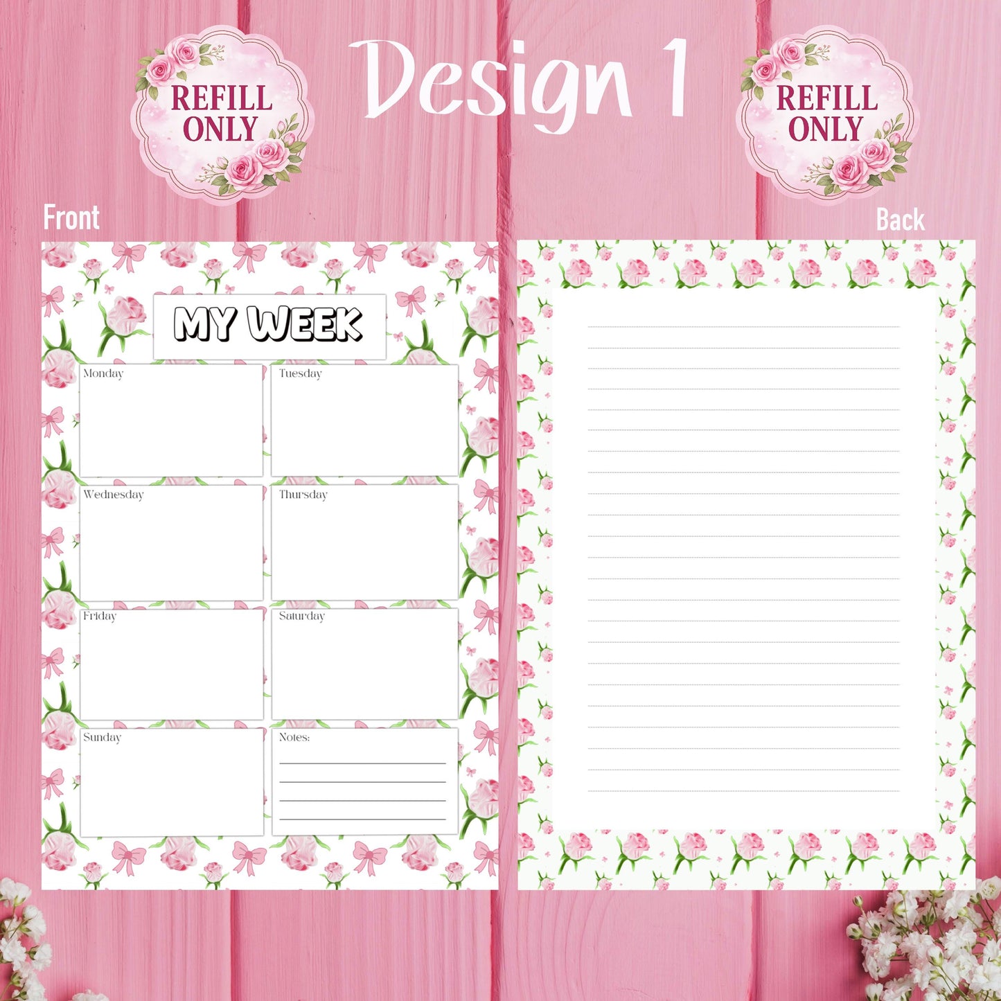 Pink Rose Planner Inserts – Refill ONLY - 25 pages